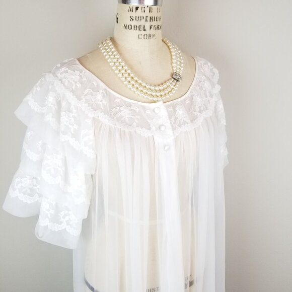Vintage 1950's Feminine White with Lace Trim Peignoir Robe Nightie Ladies Sz Med - Picture 9 of 12